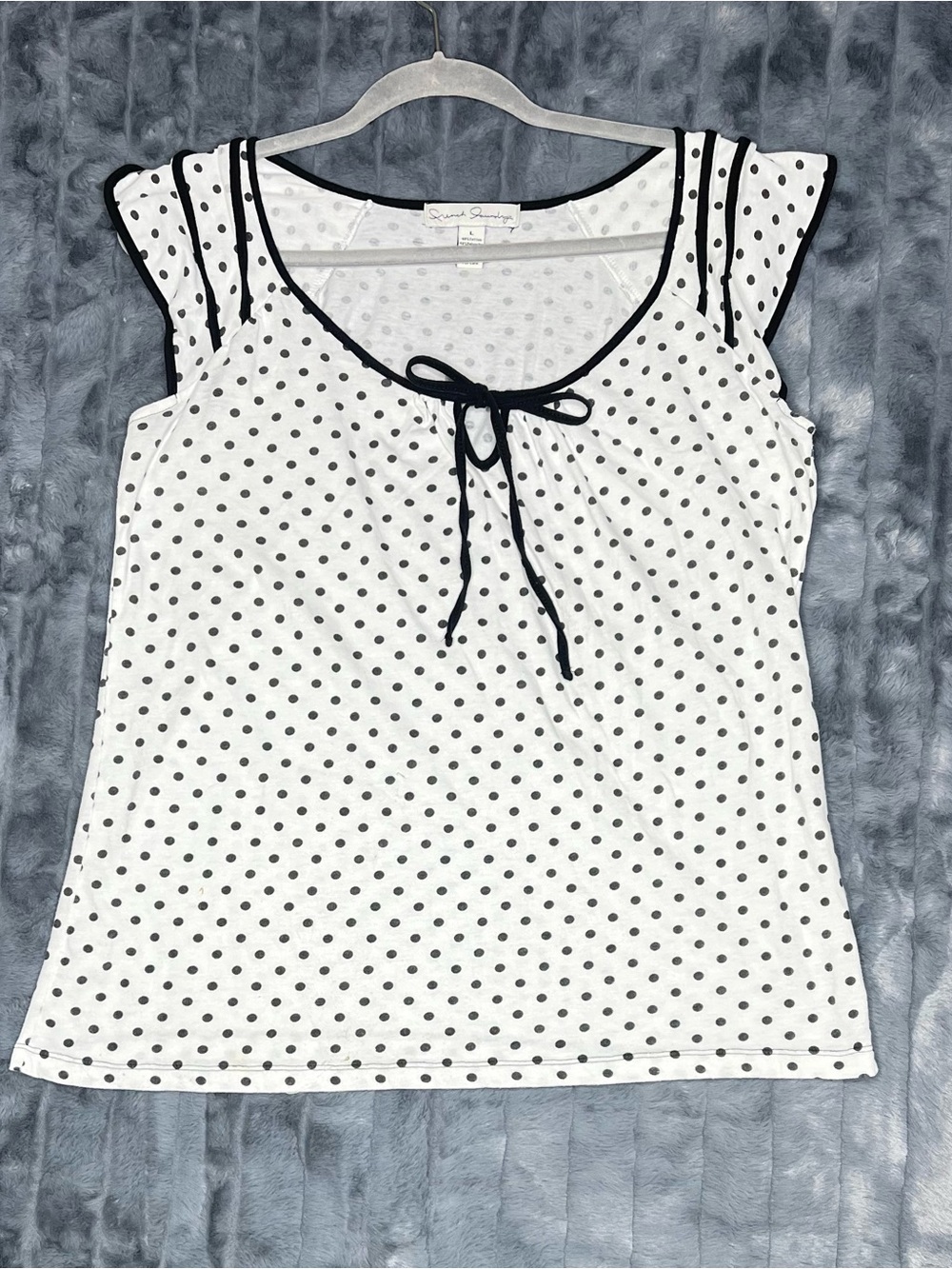 French Laundry Women’s L Black White Polka Dot Top Flutter Sleeve Tie Front